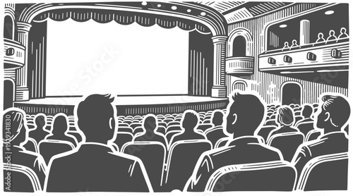 Vintage black and white vector illustration of a classic theater auditorium with audience