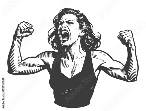 Powerful Muscular Woman Flexing Biceps and Shouting