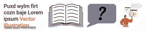 Education, research, data analysis, communication, inquiry, and knowledge sharing. Open book, question mark in a speech bubble person analyzing charts. Education and research