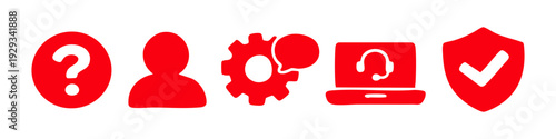 Red customer service and security icons including help desk, user profile, settings chat, laptop assistant, and protection shield on white background.