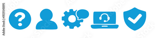 Set of blue customer service and support icons including help, user profile, technical assistance, online chat, and security symbols on white.