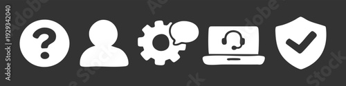 Set of white customer support and technical service icons on a dark background including help, user, gear, laptop headset, and security shield.