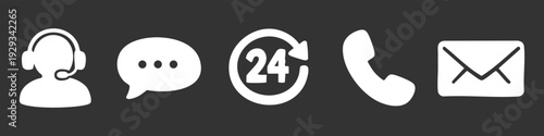 Set of white customer support and contact icons on a dark background, featuring headset, chat, 24/7 service, phone, and email symbols.