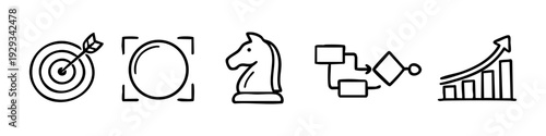 Hand-drawn business strategy icons including target, focus, chess knight, workflow, and growth chart. Doodle style for success and planning.