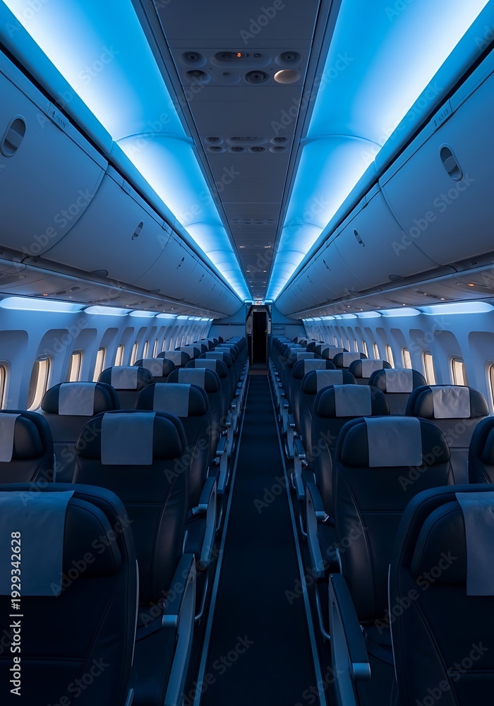 Obraz premium Interior view down the central aisle of an empty commercial aircraft cabin illuminated by cool blue lighting