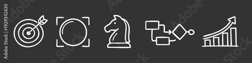 Set of white hand-drawn business icons on a dark background: target, focus, chess knight, flowchart, and growth chart. Strategic planning concept.