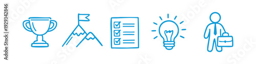 Set of blue hand-drawn business icons including a trophy, mountain peak with flag, checklist, light bulb, and businessman.