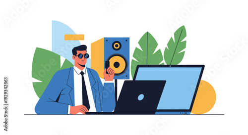 Stylish Man in Sunglasses Working on Laptop with Speaker - Creative Digital Audio Production & Music Studio Illustration