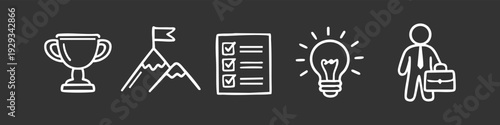 Set of hand-drawn white business icons on dark gray: trophy, mountain peak flag, checklist, light bulb, and businessman. Ideal for success concepts.
