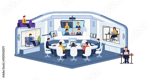Hybrid Workplace Collaboration: Seamless Video Conferencing, Remote Teams, and Modern Office Communication Illustration