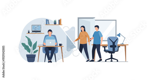 Hybrid Work Model Illustration: Remote Employee at Home vs. Team in Office