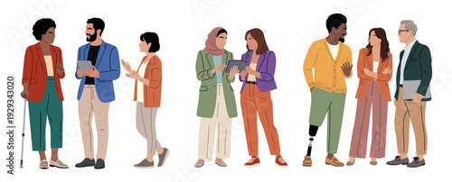 Flat vector illustration of eight diverse professionals standing together, featuring inclusive representation with varied attire, tablet, laptop, cane, prosthetic leg, hijab on transparernt background
