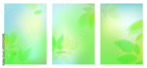 Spring background with green foliage. Blurred gradient, delicate spring leaves. Close-up of green branches against a blue sky. Set of vector fresh blurred backgrounds