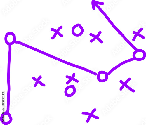 Purple hand drawn arrows linking X and O symbols on white background, showing strategy planning, teamwork tactics, and business game concept.