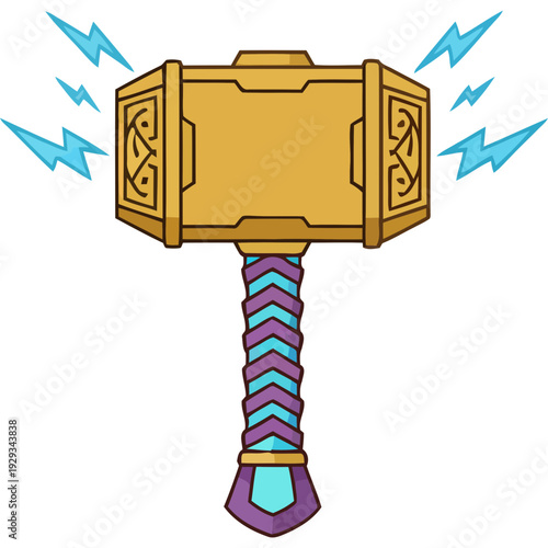 A cartoon illustration of Thor's magical hammer Mjolnir with lightning bolts around it