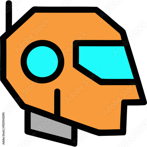 Robot head illustration with orange and teal colors, simple design, and clean lines, viewed from the front.