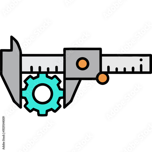 An illustration shows a vernier caliper measuring a teal gear precisely on a white background.