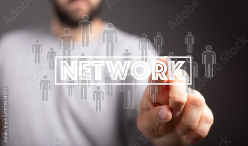 Hand pressing a virtual network button. Networking, connectivity, digital teamwork, technology concept.