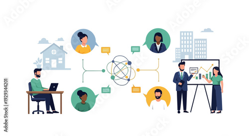 Remote and Hybrid Work Model Illustration: Global Team Collaboration, Online Communication, and Business Strategy Presentation