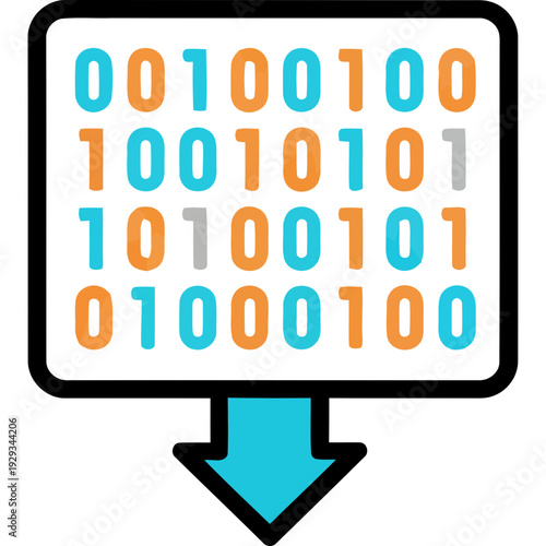 Binary code displayed on a digital screen with a download arrow, representing data transfer and digital information.