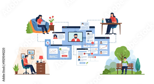 Remote Work & Online Collaboration Illustration: Diverse Team Connected Digitally Through Video Calls, Project Management, and Flexible Workplaces.