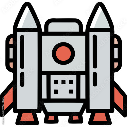 A cartoon illustration of a spaceship with two rockets on either side and a cockpit.