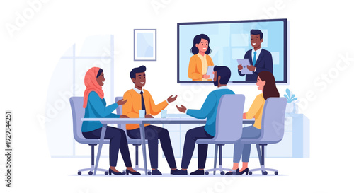 Diverse Business Team in Hybrid Meeting: In-person and Remote Collaboration via Video Conference