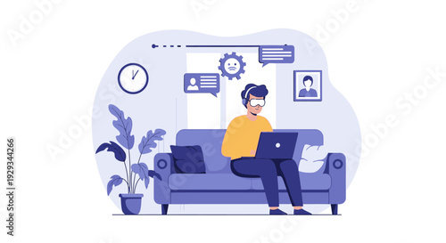 Metaverse & Remote Work: Man in VR Headset and Headphones Using Laptop on Sofa for Virtual Reality Experience, Digital Lifestyle, and Online Interaction