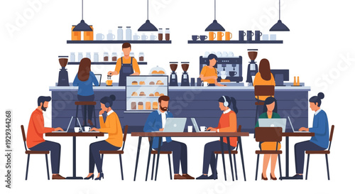 People Working in Coffee Shop with Laptops - Remote Work & Digital Nomads in Cafe Illustration