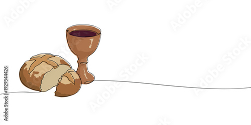 Minimal illustration of bread and a chalice with wine, symbolizing Holy Communion, Eucharist, Christian faith, sacrifice, and spiritual unity.