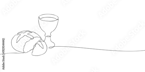 Minimal line illustration of bread and a wine chalice, symbolizing Christian communion, faith, sacrament, worship, and religious tradition.