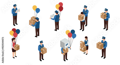 isometric postal workers holding packages letters and balloons set hand drawn delivery service concept