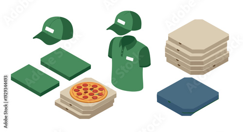pizza delivery uniform set with boxes and green cap hand drawn isometric illustration