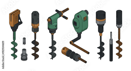 set of hand drawn detailed earth auger drill bits and manual drilling tools collection
