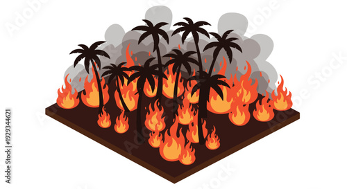 isometric palm tree forest fire with orange flames and gray smoke hand drawn vector illustration