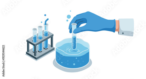 hand drawn laboratory test tubes with blue liquid and gloved hand dipping in beaker in flat style