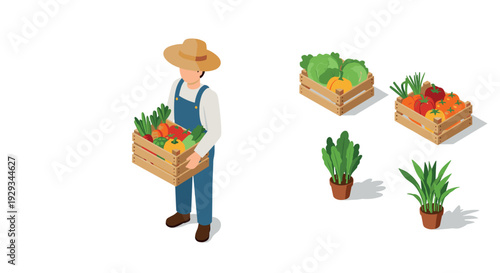 farmer holding wooden crate with fresh vegetables and set of vegetable crates and potted plants isometric illustration