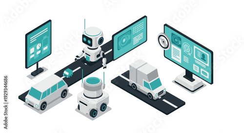 isometric delivery robots and vehicles with digital screens in futuristic logistics technology concept