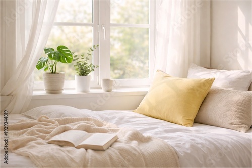 Bright and cozy bedroom interior with white bedding and morning sunlight