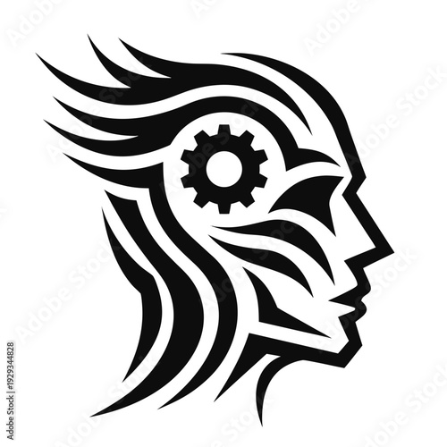 Conceptual logo: abstract human head with a gear integrated inside, symbolizing mechanical thinking, engineering, or innovation.