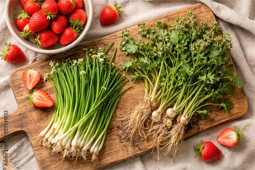  Fresh Korean spring herbs and seasonal vegetables in a rustic setting