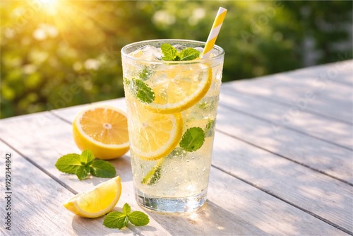 Refreshing ice cold lemonade with fresh mint and lemon slices