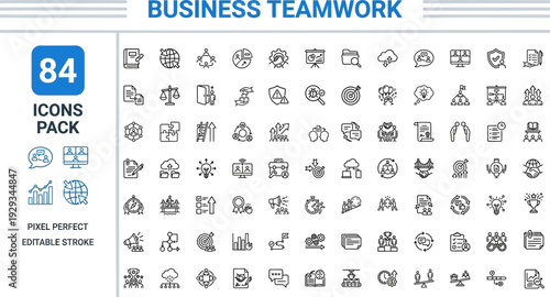 Business Teamwork and Collaboration Outline Vector Icon Set — Leadership, Communication and Project Management Editable Stroke Icons for Web and App UI