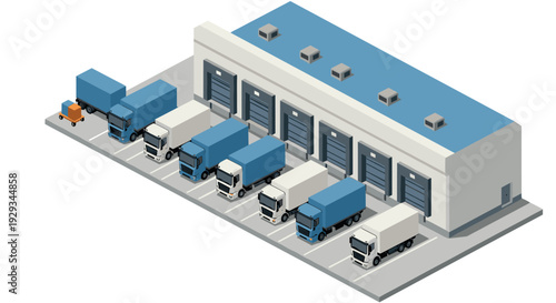 Isometric warehouse with loading dock and delivery trucks in modern vector style for logistics and distribution concept