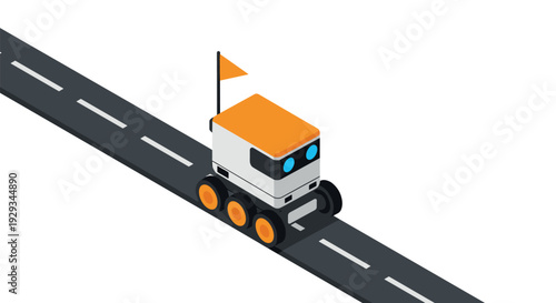 isometric robotic rover vehicle with orange roof and flag driving on road in modern flat style