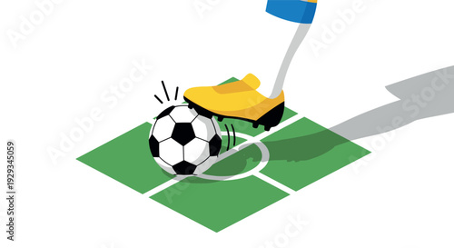 foot with yellow cleat kicking black and white soccer ball on green field illustration