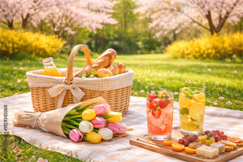 Spring picnic with fruit drinks, basket, and flower bouquet on the grass