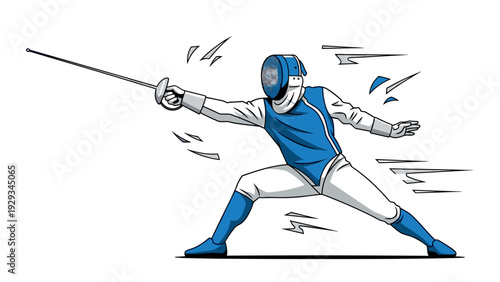 male fencer in blue and white uniform lunging holding foil sword hand drawn sports illustration