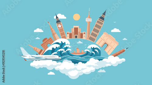 world famous landmarks and waves with airplane in flat style travel illustration