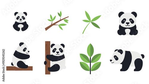 cute panda bear with bamboo leaves and branches flat hand drawn icons collection for nature and wildlife design